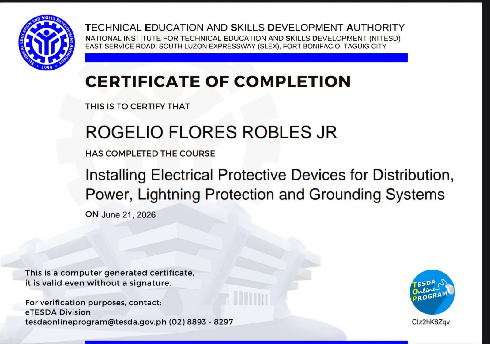TESDA certificate: Installing Electrical Protective Devices for Distribution, Power, Lightning Protection and Grounding Systems