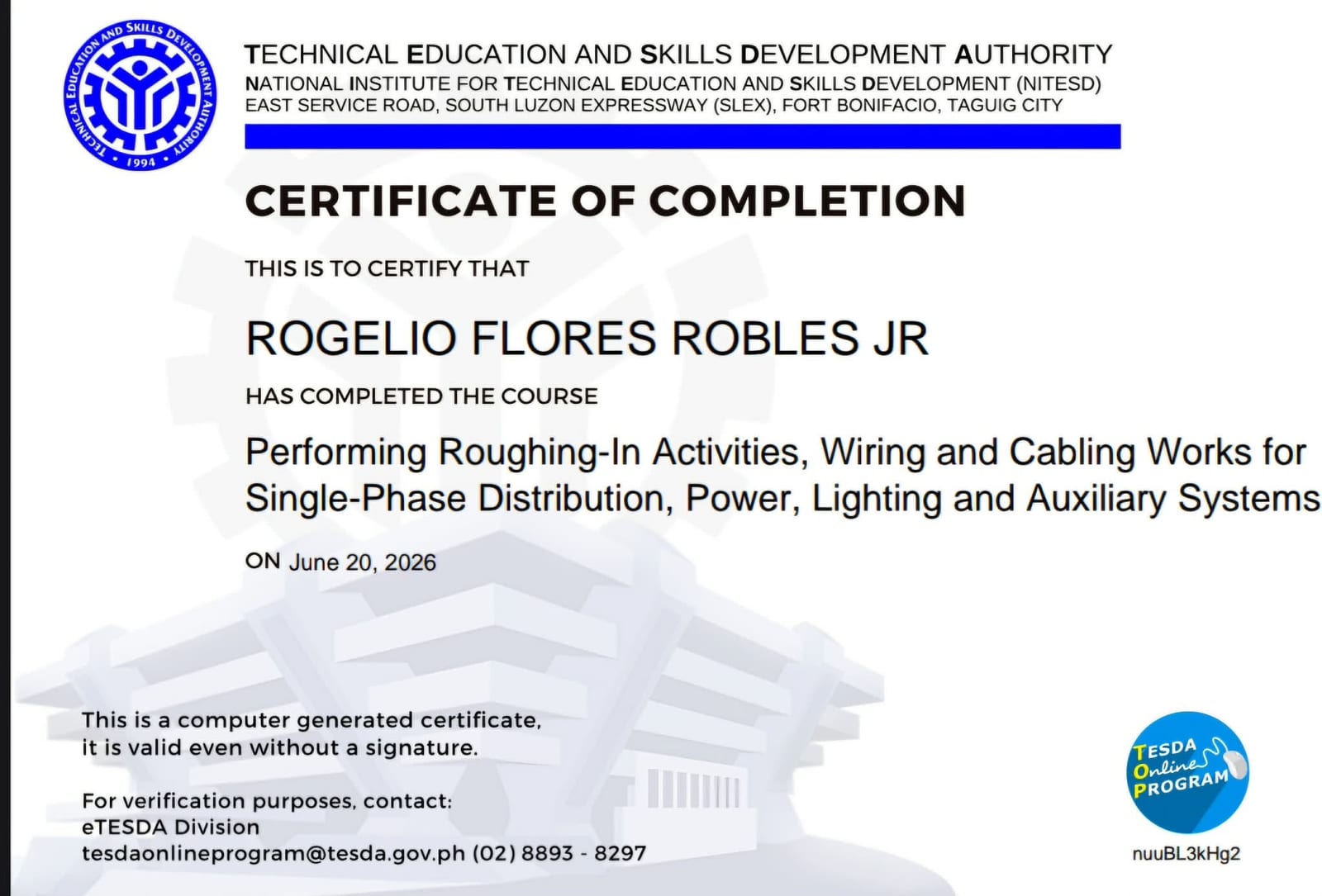 TESDA certificate: Performing Roughing-In Activities, Wiring and Cabling Works for Single-Phase Distribution, Power, Lighting and Auxiliary Systems