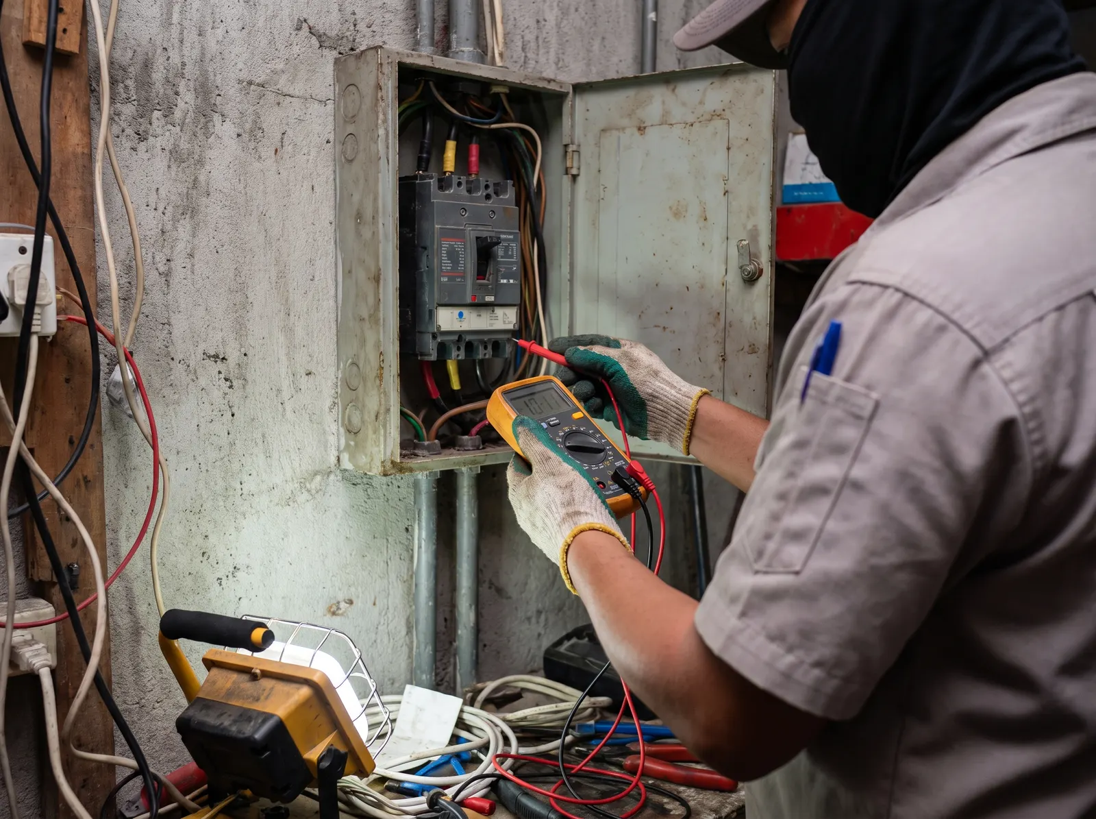 Electrician using a multimeter to test a circuit or outlet while diagnosing an electrical fault at a panel.