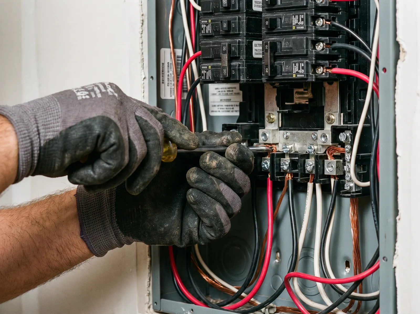 Close-up of an electrician's hands terminating and securing wires inside an open breaker panel with a screwdriver.